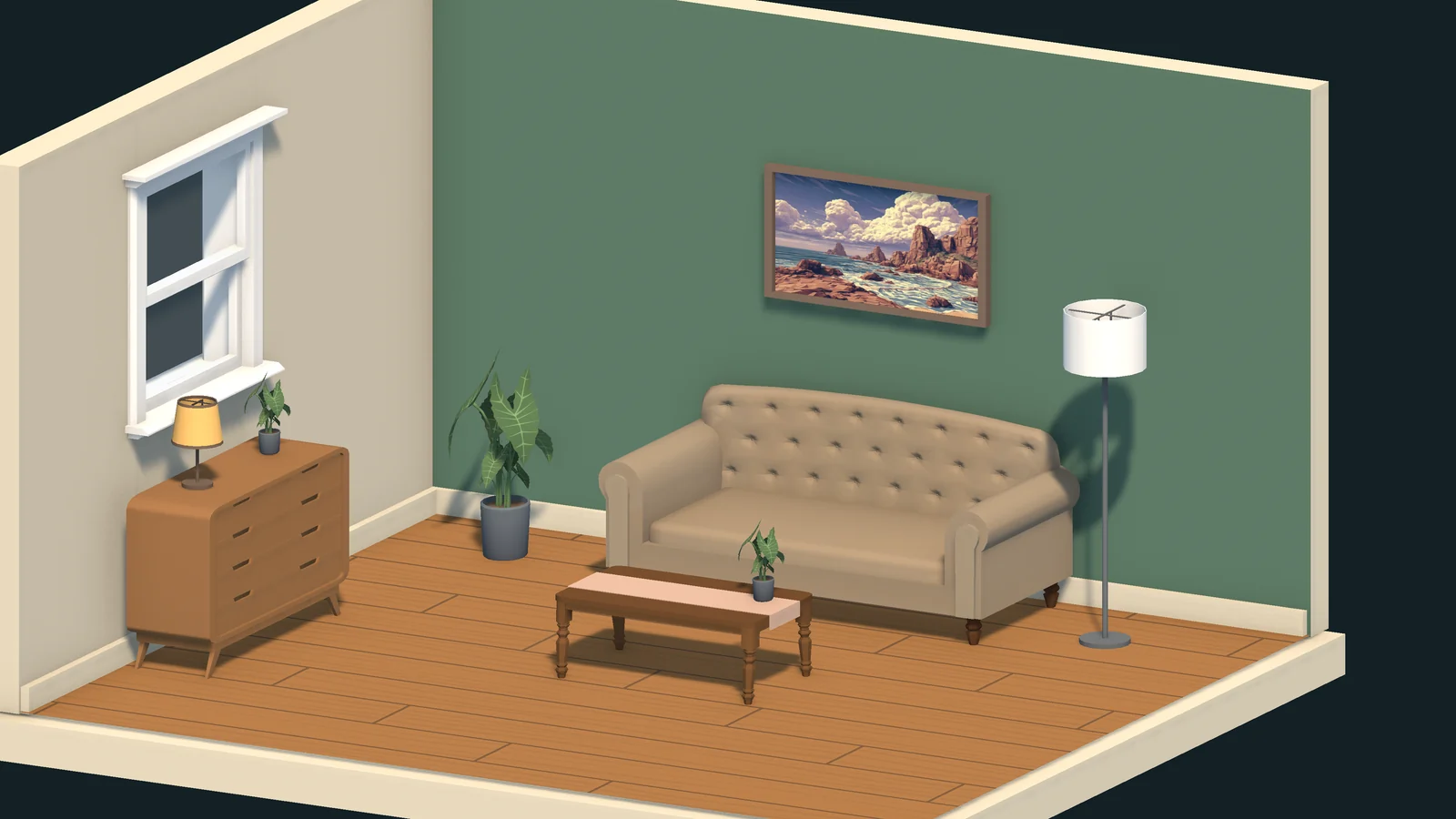 Salon aux murs sauge, avec canapé, table basse, plantes et fenêtre.