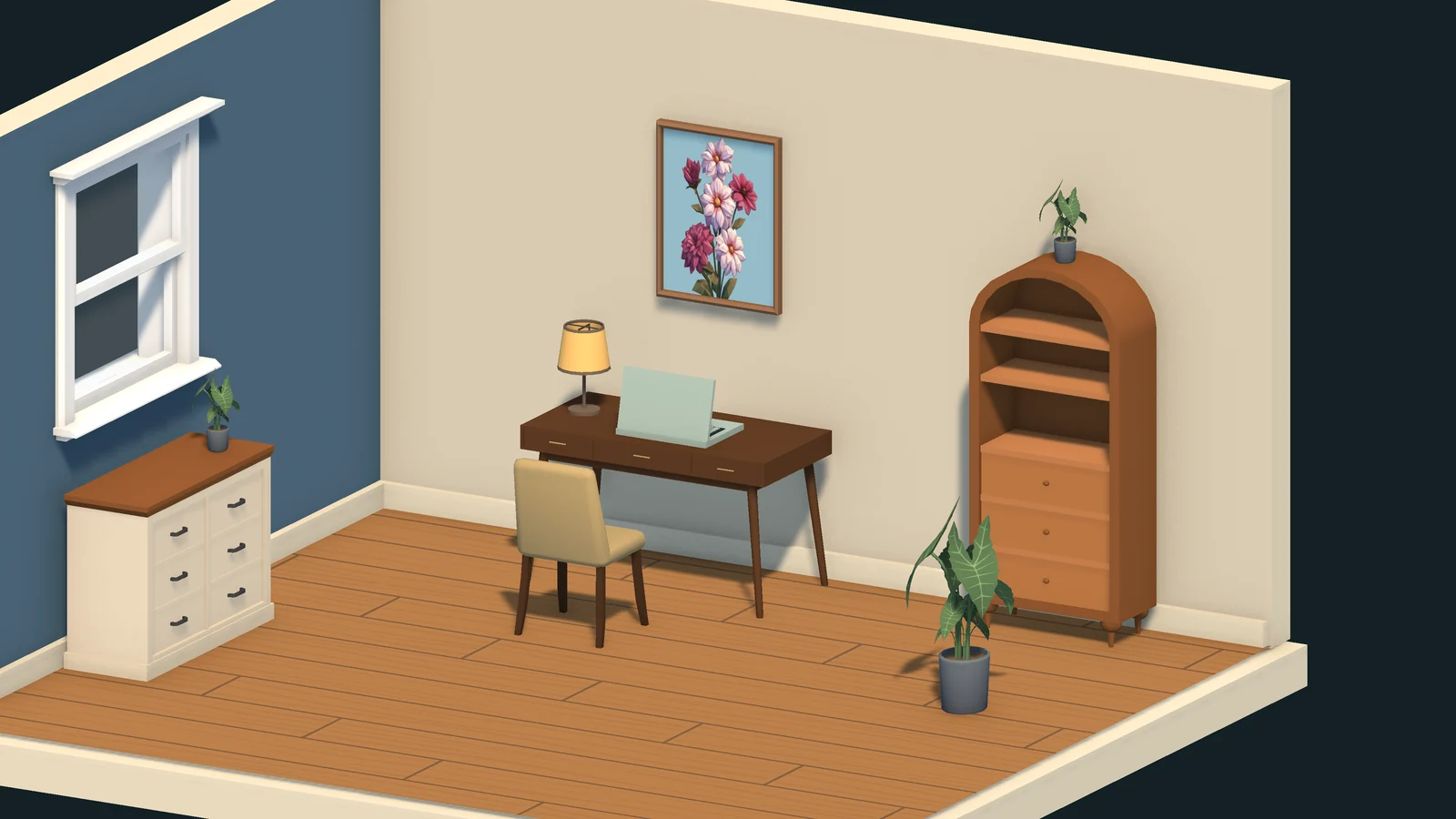 Bureau avec ordinateur portable, bibliothèque et mur bleu.