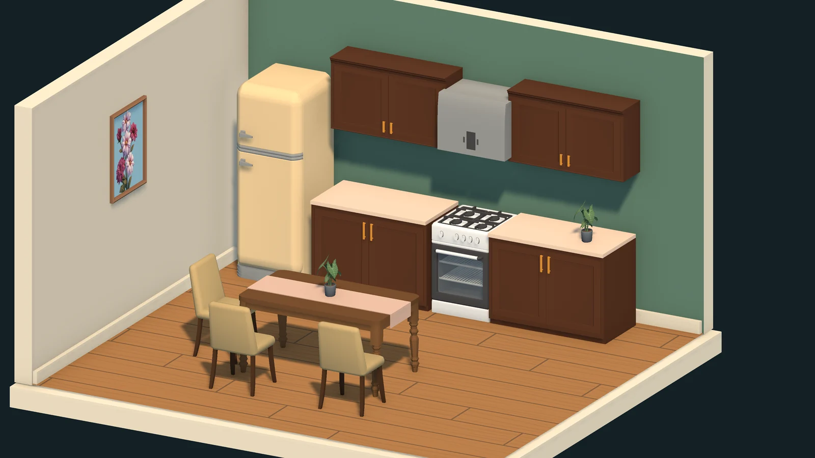 Cuisine en bois avec réfrigérateur crème et table à manger.